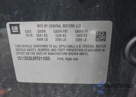 2015 Chevrolet Malibu 2Lt из США, поврежденный, VIN 1G11D5SL8FF211555